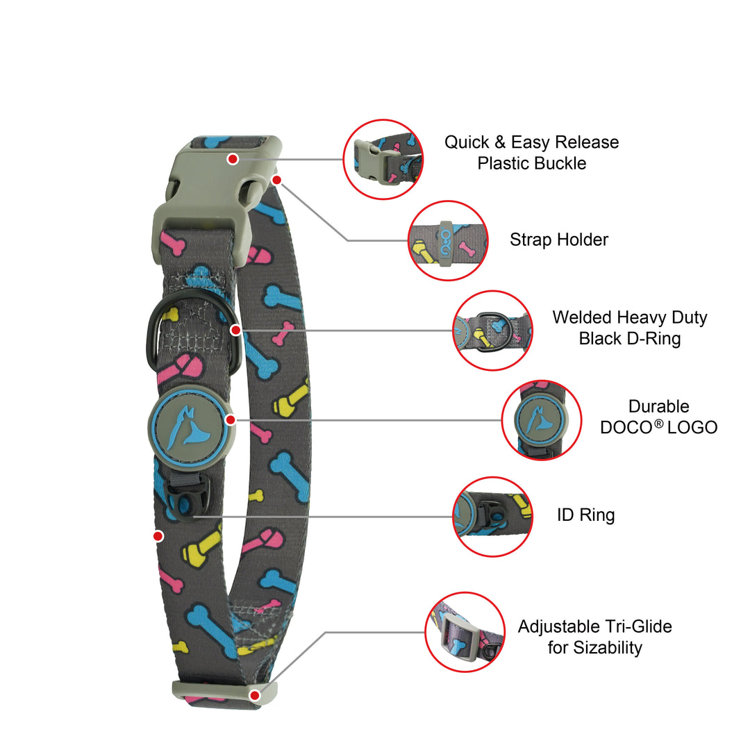 Collar para Perro Gris con Estampado de Huesitos de Colores - Ajustable con Argolla D y Argolla para Placa
