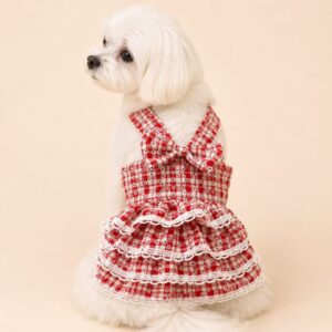Vestido para Mascotas a Cuadros con Volados, Encaje y Moño