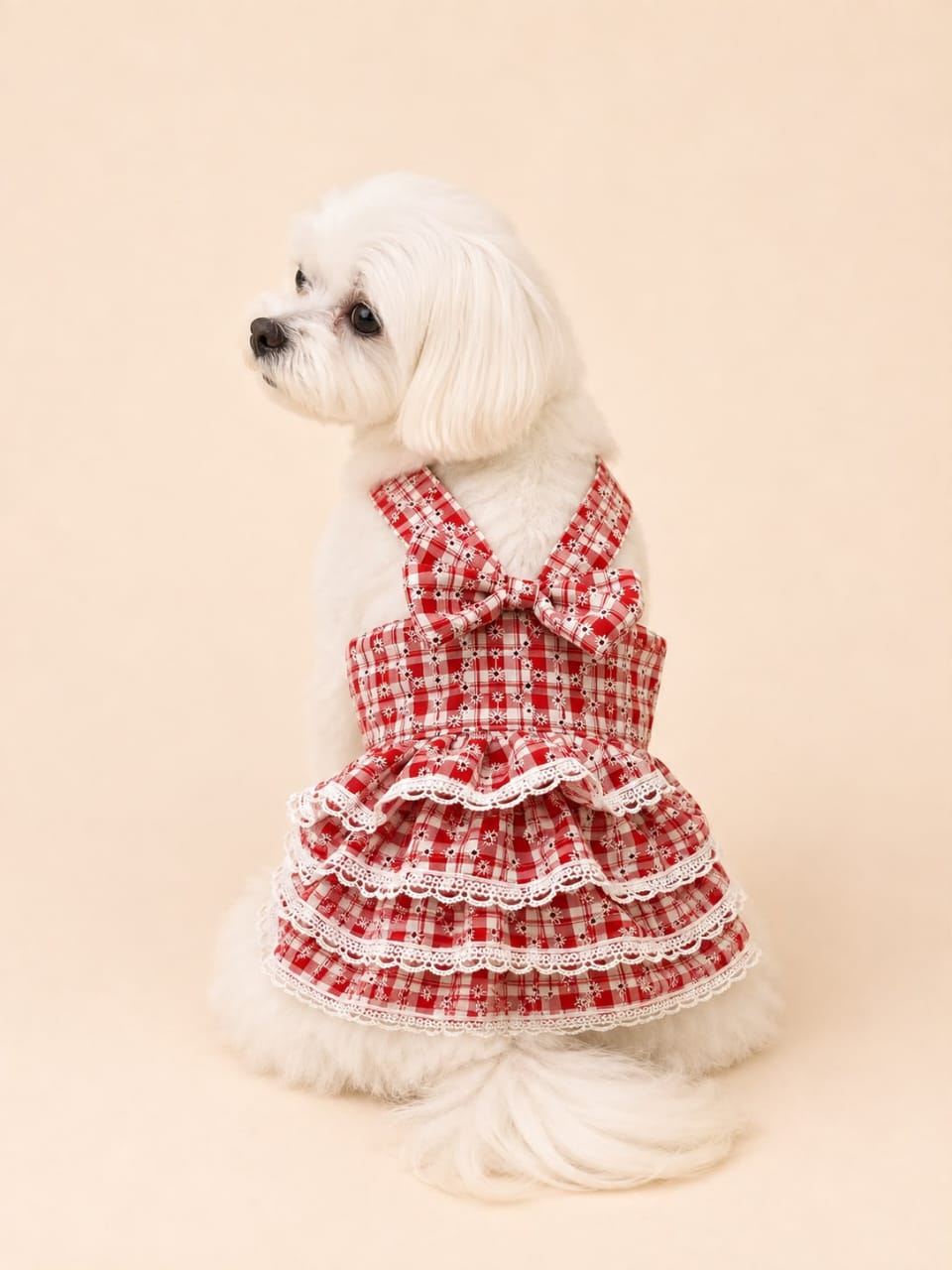 Vestido para Mascotas a Cuadros con Volados, Encaje y Moño